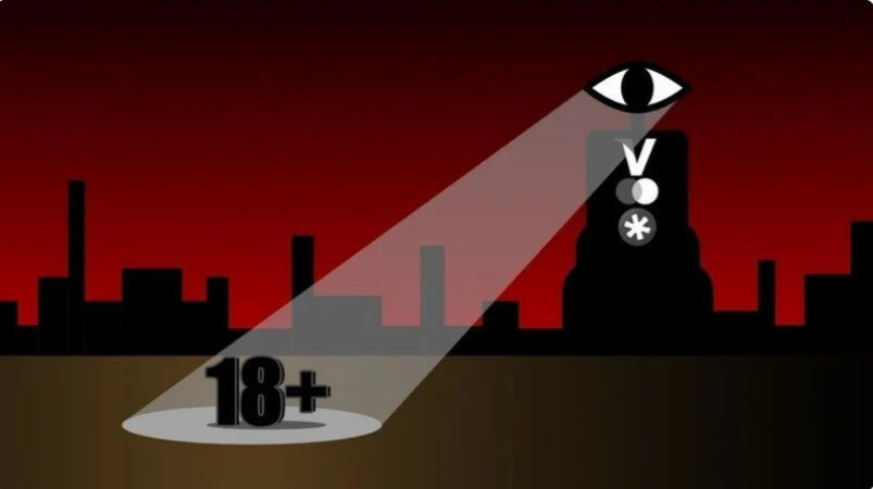 Digital graphic of a tall tower with an eye on it shining a light on a 3d "18+".