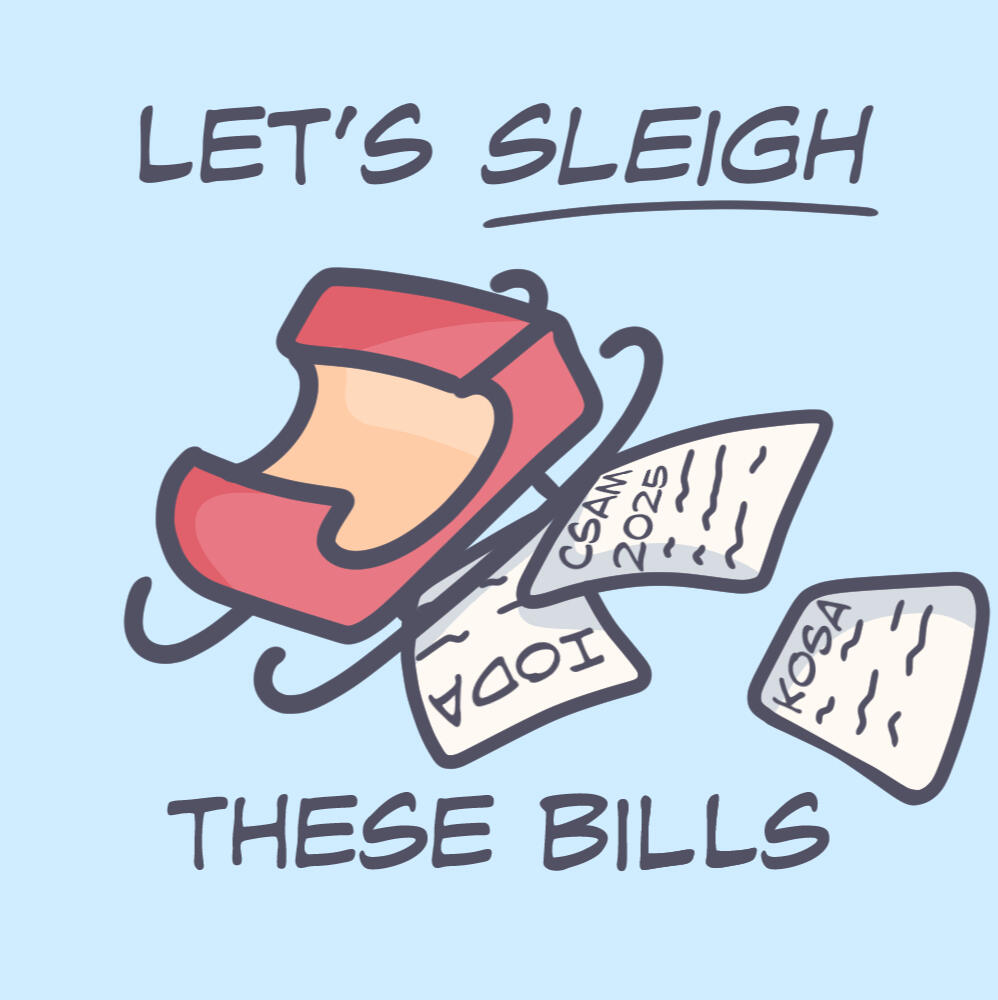Alt text: Digital graphic of a sleigh running over several papers each with a bill name on them (KOSA, CSAM 2025, IODA). Text: "Let's sleigh these bills".