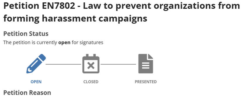 "Petition EN7802 - Law to prevent organizations from forming harassment campaigns"