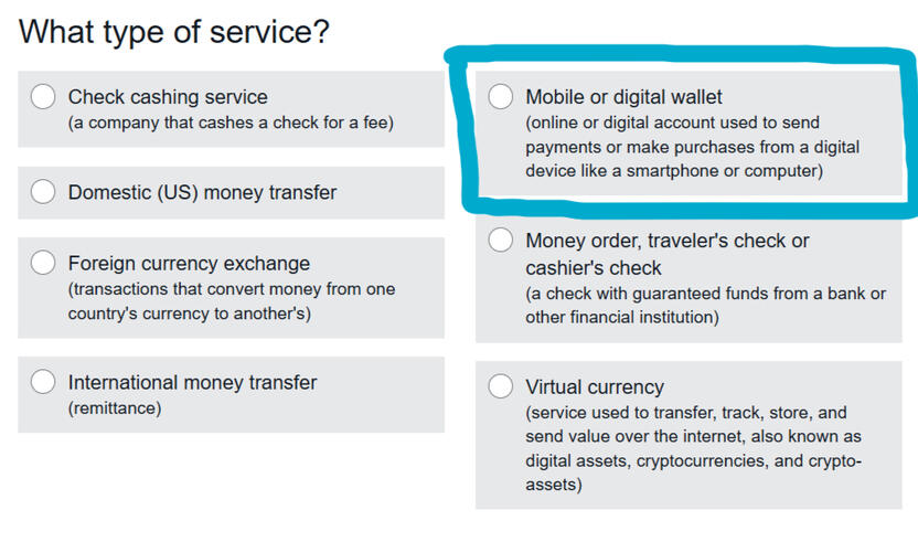 Screenshot of multi-option form question "what type of service" with "mobile or digital wallet" circled in blue.