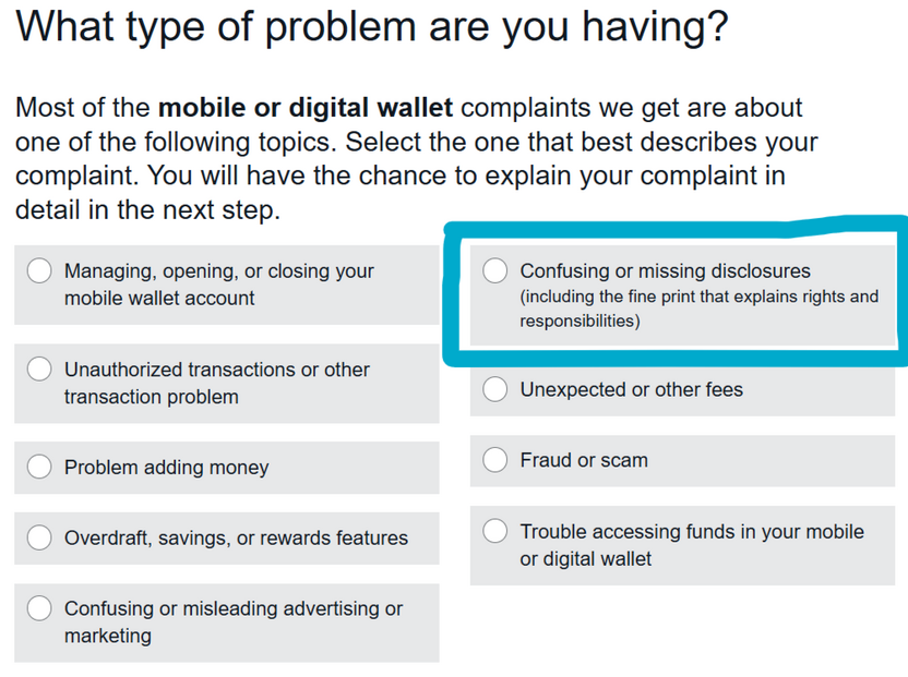 Screenshot of multi-option form question "What type of problem are you having" with "confusing or misleading disclosures" circled in blue.