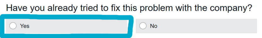 Screenshot of multi-option form question "have you already tried to fix this problem with the company" with "yes" circled in blue.