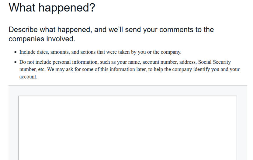 Screenshot of a form with "what happened?" and a blank text box.