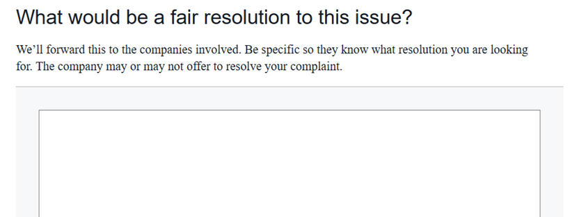 Screenshot of a form with "what would be a fair resolution to this issue?" and a blank text box.