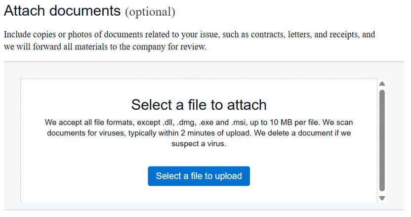 Screenshot of a form with "attach documents (optional)" and a button to attach the documents.