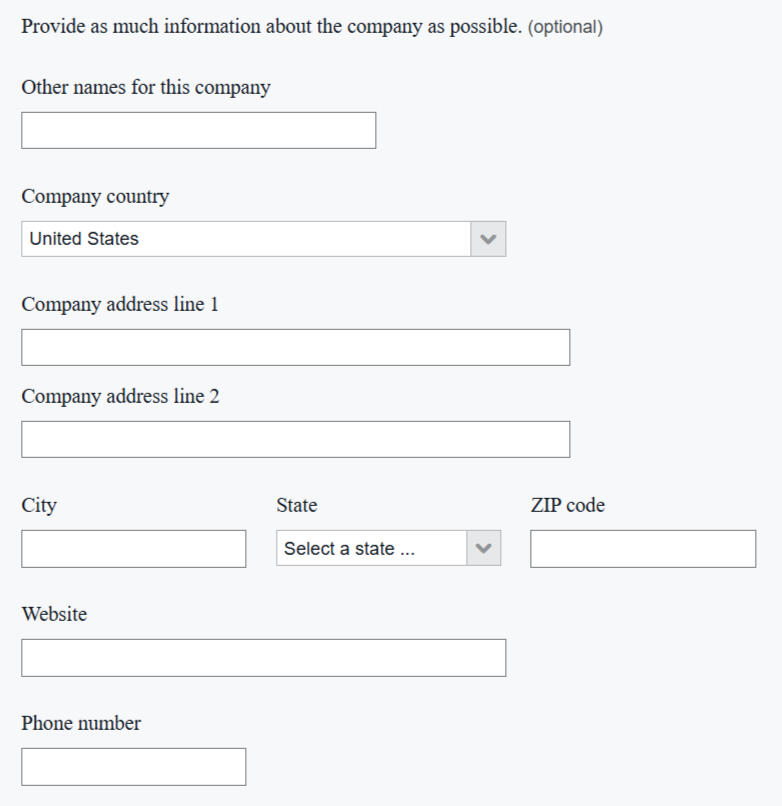 Screenshot of a form with "provide as much information about the company as possible" text boxes for address, website, and phone number.