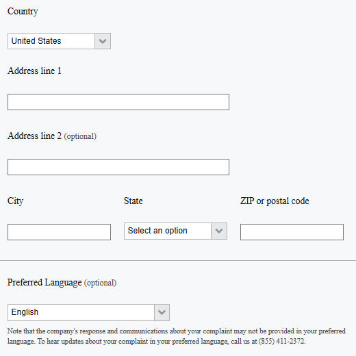 Screenshot of a form with text boxes for address information.