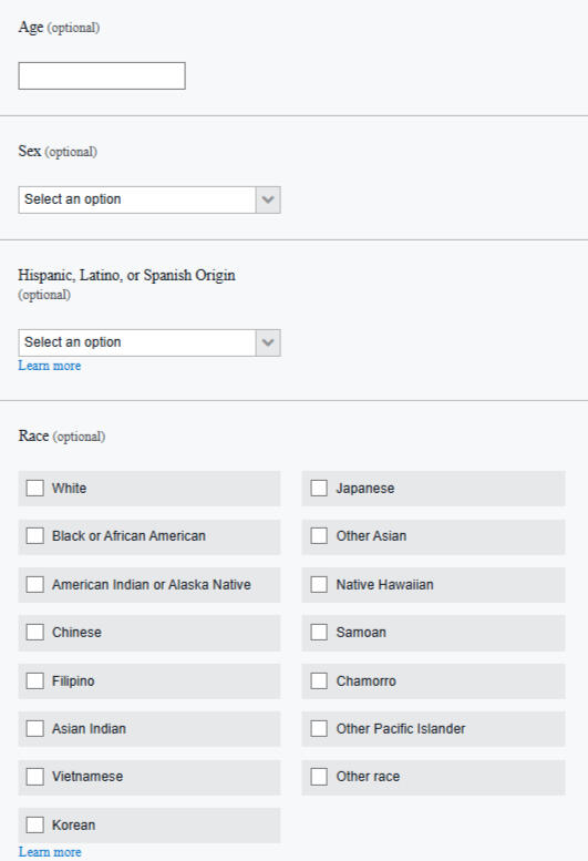 Screenshot of a form with demographic information options.