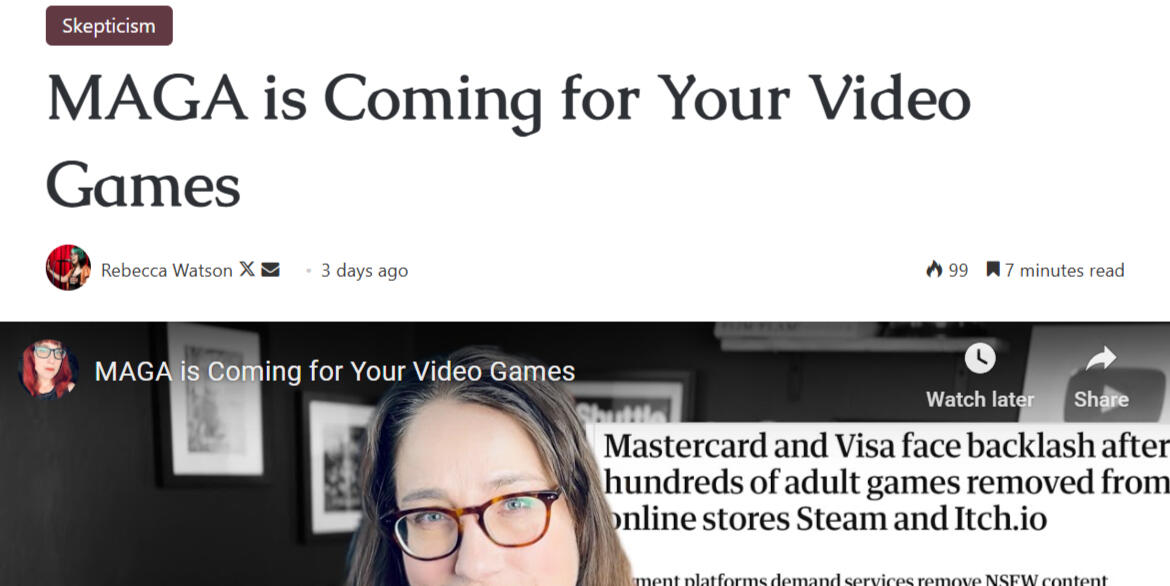 Screenshot of article "MAGA is Coming for Your Video Games" by Rebecca Watson.