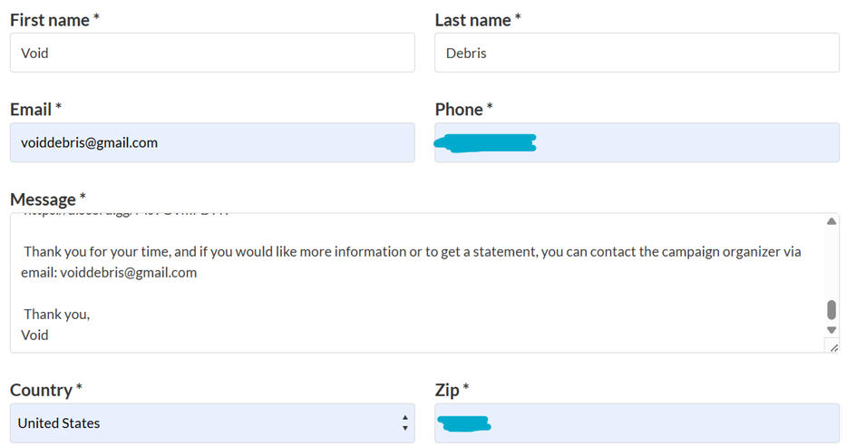 Screenshot of a form with name, email, phone number, message, country, and zip code areas. These are filled in as an example with the phone number and zip code crossed out.