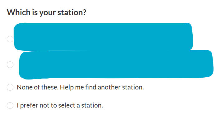 Screenshot of a question "which is your station" with the options crossed out.