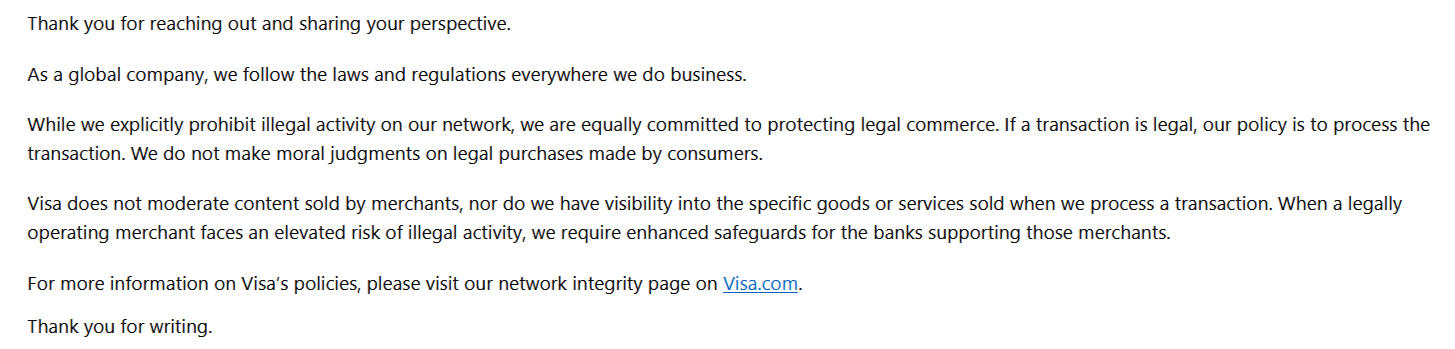 Thank you for reaching out and sharing your perspective. As a global company, we follow the laws and regulations everywhere we do business. While we explicitly prohibit illegal activity on our network, we are equally committed to protecting legal commerce.