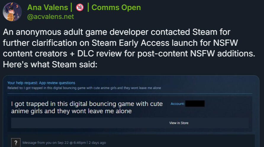 Screenshot of bluesky post by Ana Valens "An anonymous adult game developer contacted Steam for further clarification on Steam Early Access launch for NSFW content creators + DLC review for post-content NSFW additions. Here's what Steam said:".